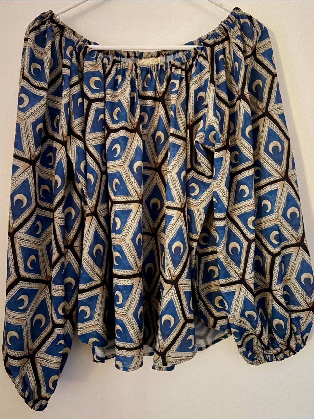 Pinup Couture Blue and Cream Moon Tiles Peasant Top XL NWT